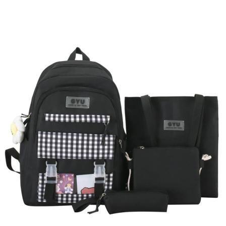 Studerende pige rygsæk skuldertaske skoletaske 4-delt lille frisk plaid Teenage Fritid Juniortaske med stor kapacitet Black 43*30*15cm