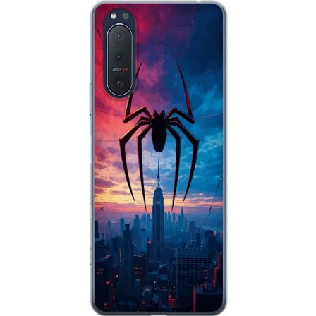 Yhteensopiva Puhelinkuori Sony Sony Xperia 5 II Tyylikäs hämähäkki kaupungin horisontin yläpuolella dramaattisessa auringonlaskussa, graafinen fa