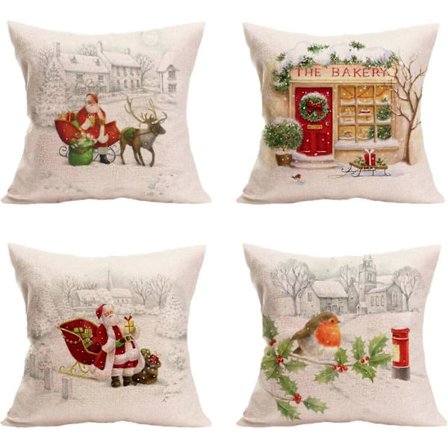 4 kpl Tyynyliinoja Hyvää Joulua Tyynynsuojat 45 x 45 cm Puuvillapellava Tyynynpäälliset Joulukodin Sisustukseen