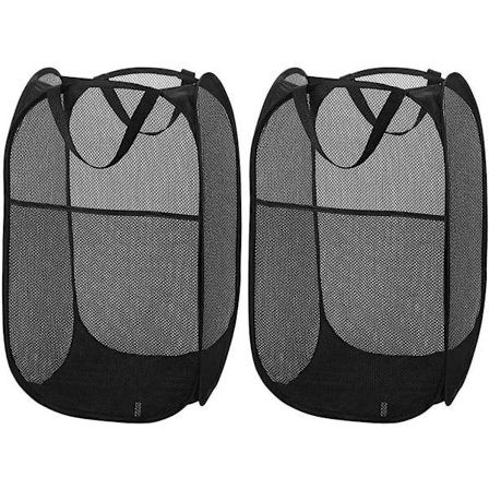 2 stk. sammenklappelig vasketøjskurv i mesh, sammenklappelig vasketøjskurv med holdbare håndtag, nem at åbne og folde [sort]