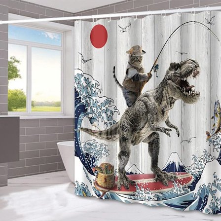 Rolig Katt Dinosaurie Duschdraperi Kul Kattunge Fiske Japansk Havsvåg Vattentätt Tyg Duschdraperi för Badrum