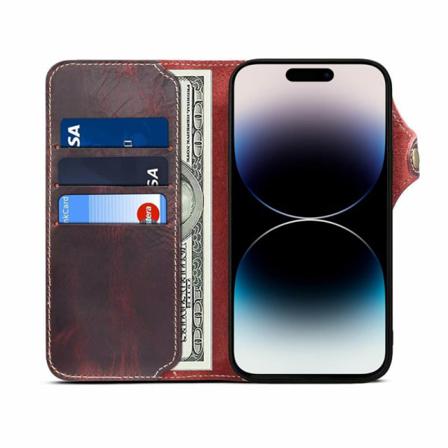 Mobilplånbok 3-kort Äkta Läder Apple Iphone 14 Pro - Oxblod