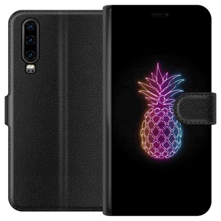Kompatibel Tegnebogsetui til Huawei Huawei P30 Neon illustration af ananas i farverigt lys mod sort baggrund