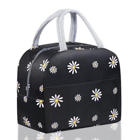 Frokostposer Isoleret Frokostkøletasker med Frontlomme Bærbar Termisk Lækagesikker til Mænd Voksne Piger Børn Arbejde Udendørs Picnic (Sort-Daisy)