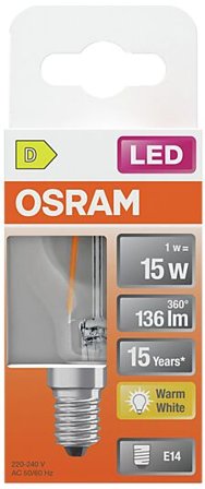 OSRAM Led Lyspære E14 Classic P15 136lm klar Varmhvit