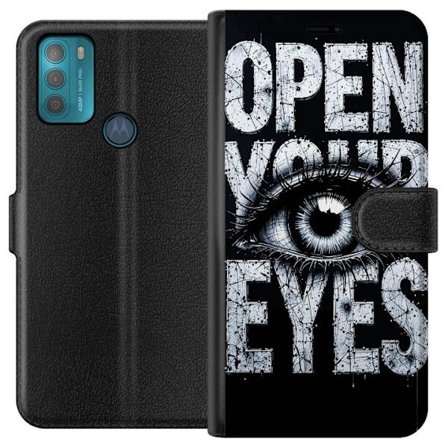Kompatibel Tegnebogsetui til Motorola Motorola Moto G50 Mørk typografisk illustration med øje og teksten Åbn dine øjne, stærk kontrast og rå kun