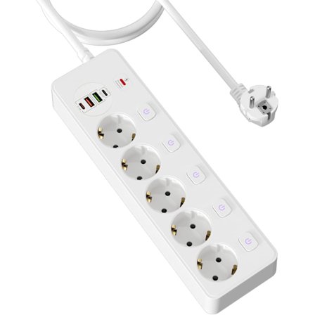Grenuttak med 4 USB-porter, 5 AC-uttak, plassbesparende med uavhengige brytere, PD20W QC3.0-lader, 2 m kabel, hvit