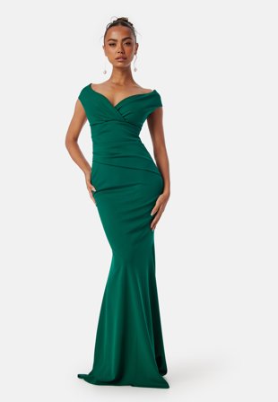 Goddiva - Bardot Pleat Maxi Dress - Emerald - Kläder - - Bubbleroom