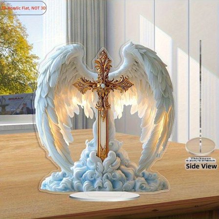 2D Platt, 1 stk. Hvid Engelvinge med Kors Religiøs Væg-/Borddekoration - Kristne Kirkens Akrylvinge Korssymbol til Påske, til hjemmet, til (FMY) EQ6