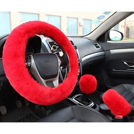 Rattskinn Deksel til Rattet, Fuzzy Rattskinn Deksel for Kvinner, Mote Varmt Ull Pels Rattskinn Deksel med Håndbrems Deksel Girspak Deksel, 38c