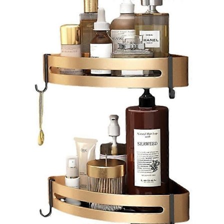 Sett med 2 hjørnedusjhylle uten boring, selvklebende baderomshylle, trekantkurv i rustfritt stål for oppbevaring av sjampo og såpe med kroker, 