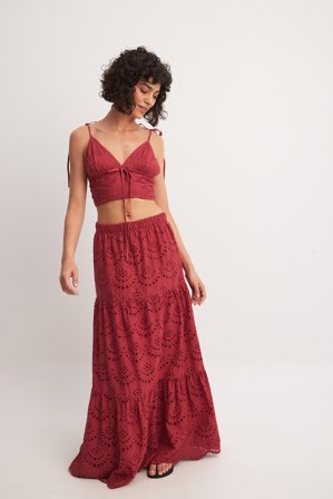 NA-KD Jupe longue trapèze en broderie anglaise - Tenues d'été - Rouge - EU 40