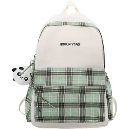 Rutete Ryggsekk (Grønn) med 1 Gratis Søt Panda-Hengslet