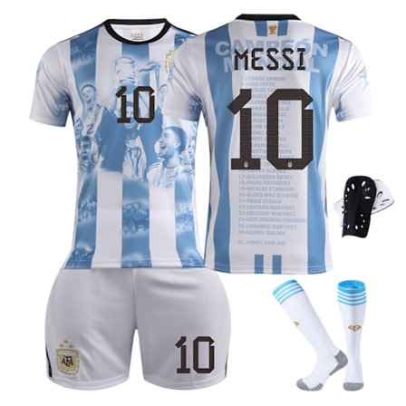 2023-2024 Argentina VM-mästerskap Minnesupplaga Fotbollströja Set med Strumpor och Knäskydd - Nr 10 MESSI (svart) #XL