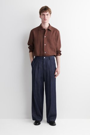 COS Men's Pleated Relaxed Fit Wide Leg Denim Trousers in Blue