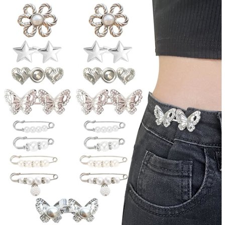 16 Sæt Bukse Talje Strammer, Justerbare Sommerfugle Pins til Løse Jeans, Genanvendelig Taljejustering til Bukser Kvinder, Sølv Metal, Hætte, Flad, 