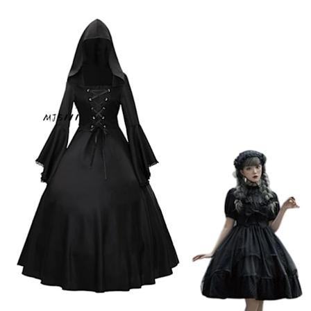 Halloween-kjole til kvinder, middelalderlig retro gotisk MJ51, stor størrelse, trompetærmer, scene-festkjole Black Dress XXL