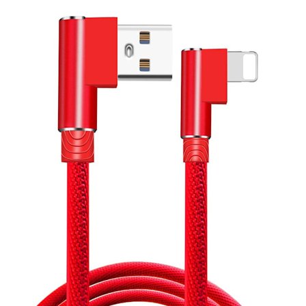 Kulmassa oleva 90 asteen latauskaapeli USB A - USB C / iPhone Light (Lightning) punainen