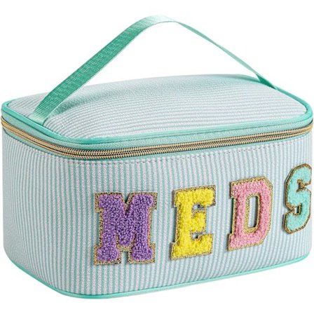 Sjennille Bokstavstripet Sminkeveske - Stor Estetisk Seersucker Førstehjelps RX Organizer med Topphåndtak for Kvinner Jenter