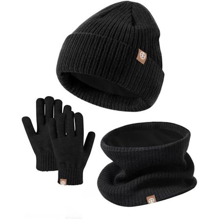 Vinterstrikkede handsker, hue og halstørklæde - sæt med tre dele - sort