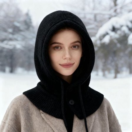 ING Chunky Strikket Balaklava for Kvinner Vinter Varm Heldekkende Ansiktsmaske Myk Lue Skjerf Hette Uformell Bruk Komfortabel—Svart