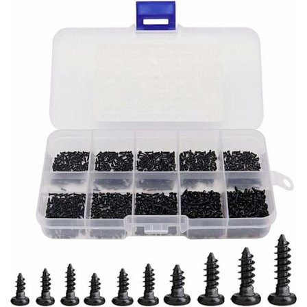 1000 stk. Mini Rundhoved Selvskærende Træskruer Sortiment - M1, M1.2, M1.4, M1.7 - Sort - med Plastikboks