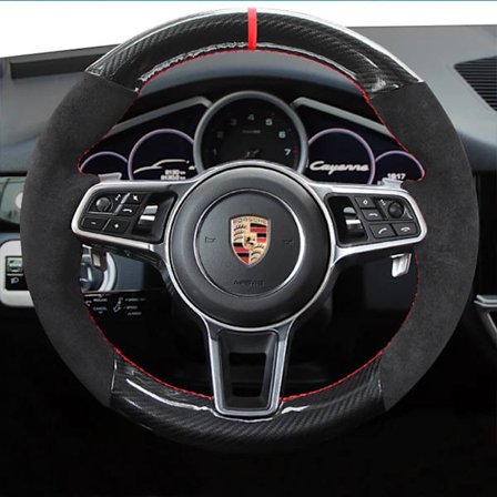För kompatibel med Porsche Taycan Cayenne Macan Panamera 718 911 handsydd svart kolfiber mocka halkfri bilratt skydd