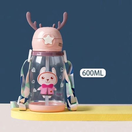 600ml tecknad barnvattenflaska med sugrör och rem Bärbar drickskopp