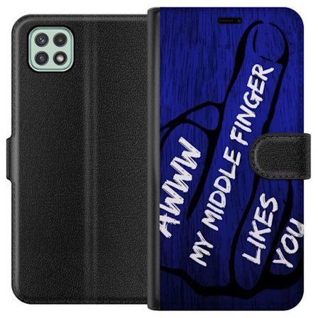 Kompatibelt Lommeboketui til Samsung Galaxy A22 5G Mørk typografisk illustrasjon med hjerteform og budskap om vennskap mot dyp blå tretekstur