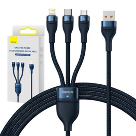 3-i-1 USB-kabel Baseus USB 3-i-1 Baseus Flash Series, USB-C + Micro + Lightning 66W, 1,2 m (blå)