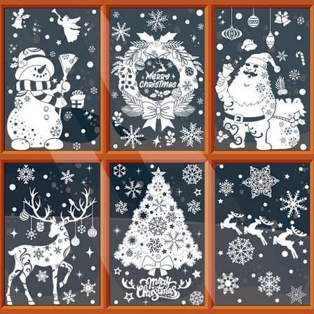 Julevindusdekorasjoner, laget av innendørs PVC, gjenbrukbare, med design som hus, snøflak, reinsdyr og bjeller.