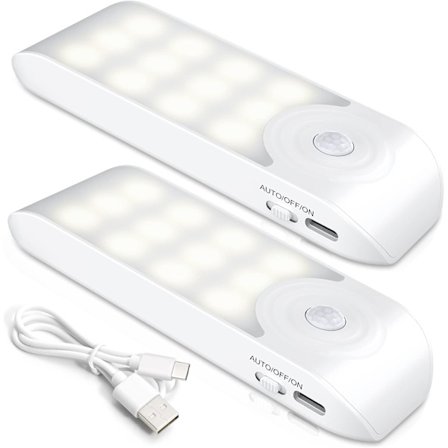 Automatisk LED [2-pack], 12 LED USB-laddningsbar garderobs nattlampa
