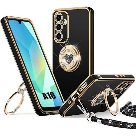 Beskyttelsesskal - BOOLING - til Samsung Galaxy A16 4G/5G - Blød Silikone - Sort - Med Ring og Snor