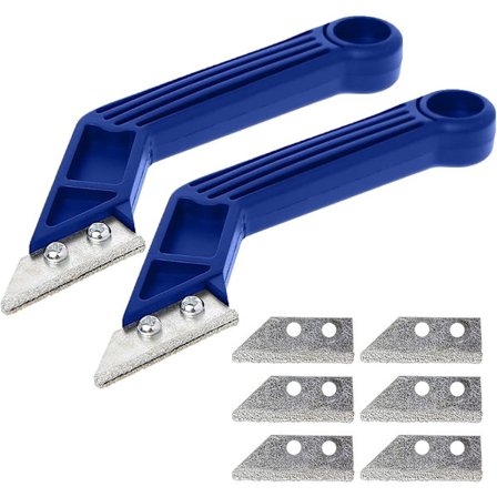 Et sæt med to messing skrabere, en wolframcarbid skraber og en skraber til vægfliser og lertøj.