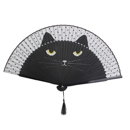 Summer Cat Silk Bambu Handmålad Cartoon Cat Folding Fan Party Favor (svart)