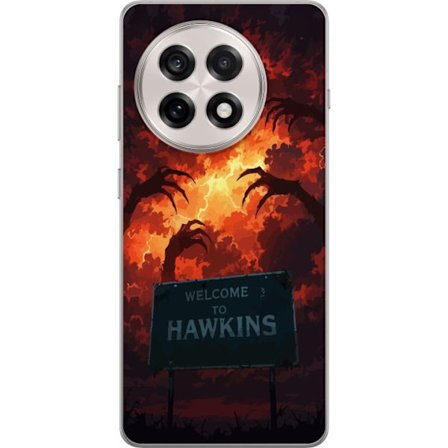 Kompatibelt Mobildeksel til OnePlus 13R Mørk apokalyptisk fantasi-scene med brennende himmel og Hawkins-skilt i Stranger Things-stil