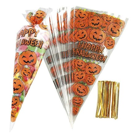 100 Stykker Græskar Kegleposer Halloween Klare Cellofan Slikposer, Festgaveposer med Gyldne Twist Ties til Slik og Småkager