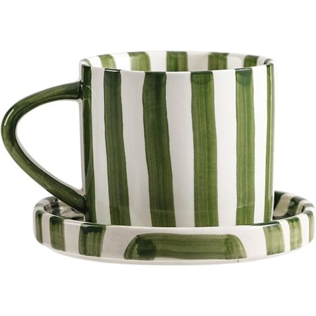 24 cl kaffemugg, stor espressomugg med fat, keramisk kaffemugg, handmålad randig konst-mugg och fat.