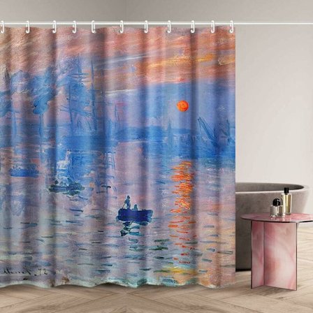 Suihkuverhosetti Claude Monet'n auringonnousun painatuksella, kotimaiset taidemaalaukset kuvat kylpyhuoneeseen