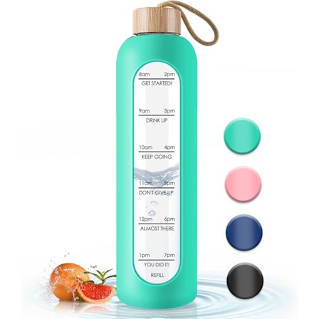 Lasinen vesipullo bambukannella - 1000 ml urheilujuomapullo aikamerkinnällä, uudelleenkäytettävä rikkoutumaton silikonikotelopullo kuntosalille, 