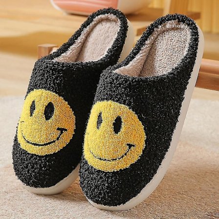 Tofflor med Smiley-ansikte, Tofflor för Kvinnor, Leende Tofflor, Glada Ansikten Tofflor, Retro Smiley-ansikte, Mjuk Plysch, Bekväma Varma Tofflor att 