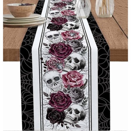 Halloween Skräckinjagande Dödskalle Bordslöpare 33x183 cm, Lila Ros Blomma Skelett Byrå Löpare Grå Spindelväv Köks Matsalsbord Dekoration för Hemmet