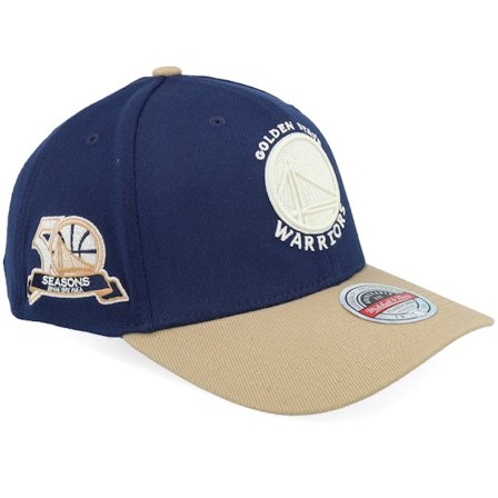 Mitchell & Ness - NBA Blauw adjustable Cap - Golden State Warriors Sand Storm Navy/Sand A-Frame Adjustable @ Hatstore