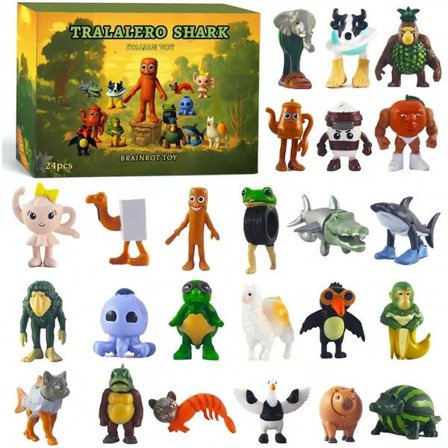 24 stk. Adventskalender i italiensk stil "Brainrot Tralalero Tralala", "Brainrot Meme" hajfigurer, sjove "Brainrot Tung Tung Tung Sahur" figurer