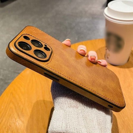 Etui til iPhone 16 Brun K1a "Ekte Læretui" Business Retro Rundt Hull Kreativ Anti-fall