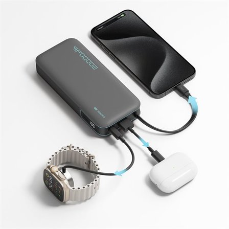 Cuktech CUKP200NGLLG 55W 20000mAh powerbank med innebygd USB-C-kabel - hvit