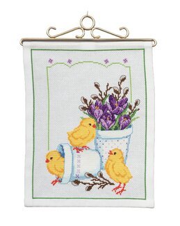 Broderipakke Veggteppe Kyllinger med lilla blomster - Svarta Fåret