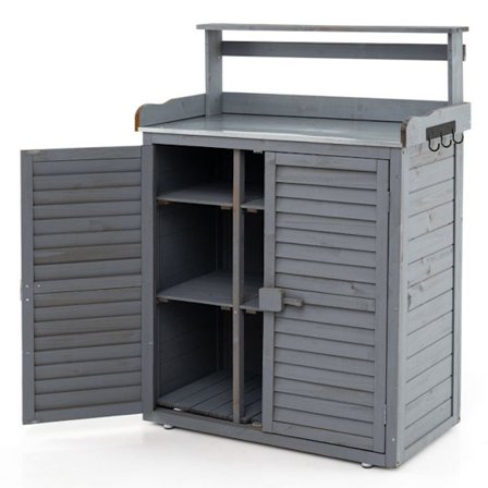 COSTWA Trädgårdsskjul i Trä, Galvaniserad Metallbänk, 3 Krok, Avtagbara Hyllor, Persienner, Grå