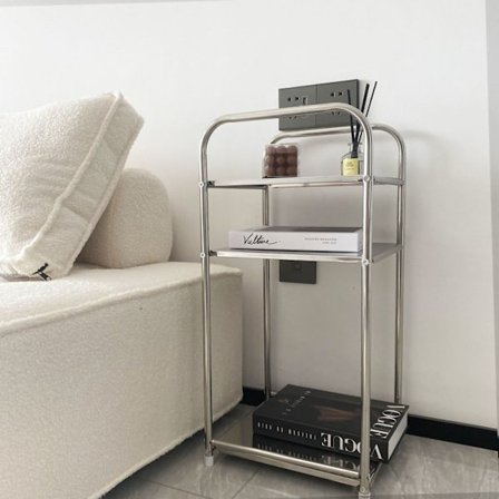 Ruostumattomasta teräksestä valmistettu kestävä säilytyshylly sivupöytä päätyhyllyn pidike kolmikerroksinen kylpyhuone makuuhuone