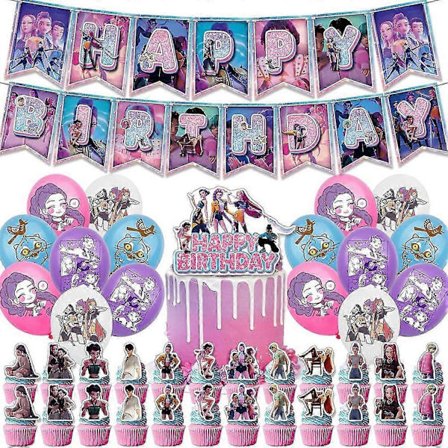 Kpop Demon Hunters -syntymäpäiväjuhlasetti - banneri, kakunkoriste ja ilmapalloja lapsille, anime-teema